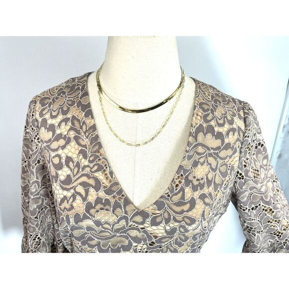 Eliza J Size 6 Dress Lace Fit and Flare Nude Tan Gray Bell Sleeve Dress - Picture 10 of 17